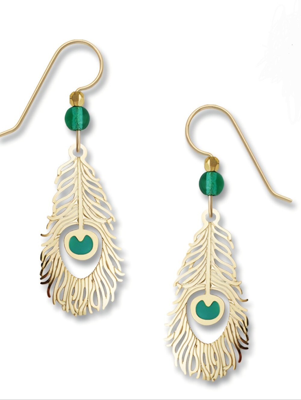 Sienna Sky Earrings 14K GF Hook Etched Brass Peacock Feather Handmade in USA